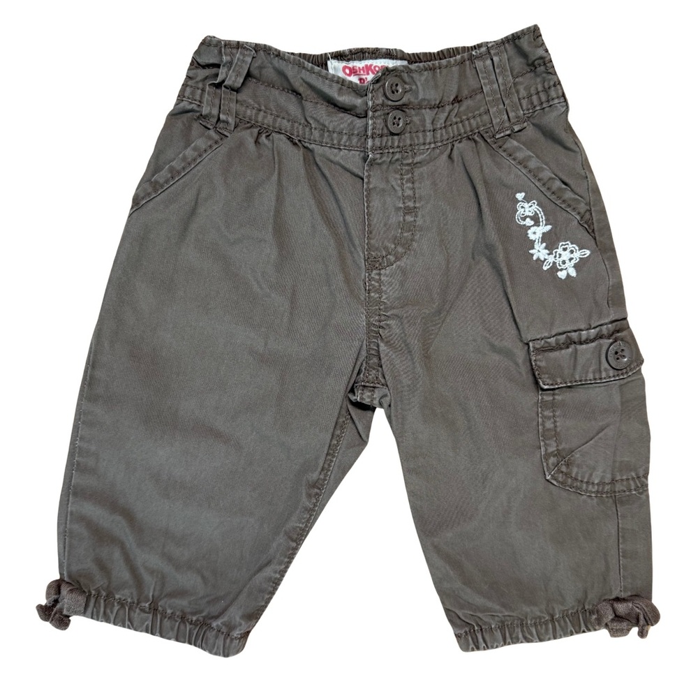 OshKosh B'gosh Brown Cargo Pants White Embroidered Floral Accent